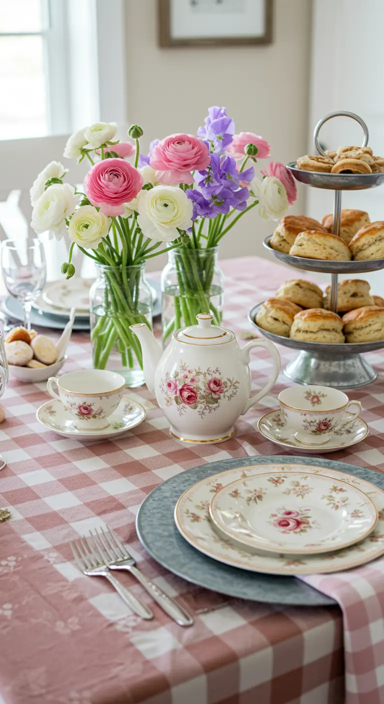 Vintage tea party setting with a pink gingham tablecloth and floral china.