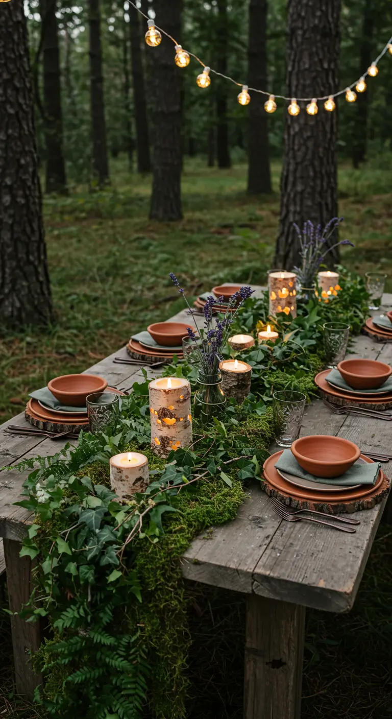 Woodland table with a moss and ivy runner, birch-bark candles, and lavender sprigs.