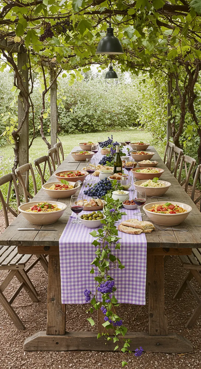 Family-style dinner at a long table under a vine-covered pergola.