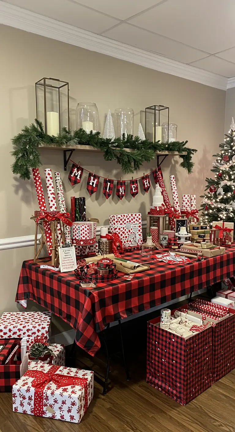 A festive gift-wrapping station with buffalo plaid tablecloth and coordinated wrapping supplies.