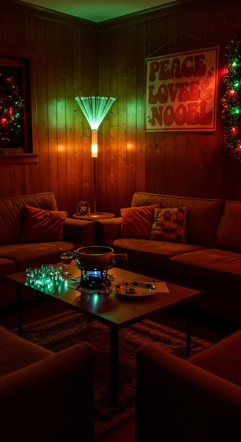 A dimly lit, wood-paneled room with a fondue set and a glowing fiber optic lamp.