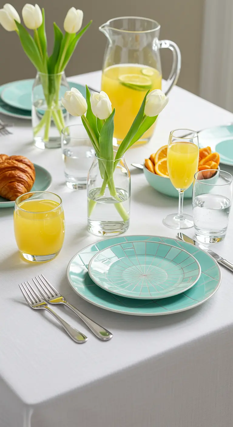 A bright brunch setting with turquoise geometric plates and white tulips.