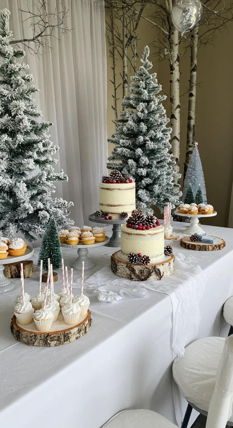 Winter woodland party table with flocked trees, white cakes, and birch accents.