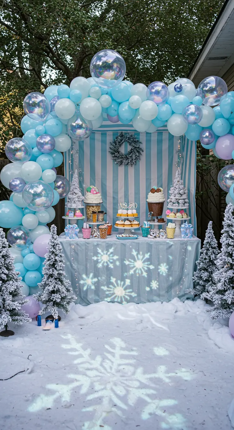 A winter carnival dessert table with an icy blue balloon arch, fake snow, and frosted trees.