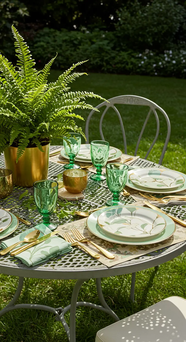 An outdoor garden table set with green and gold leaf-patterned plates.