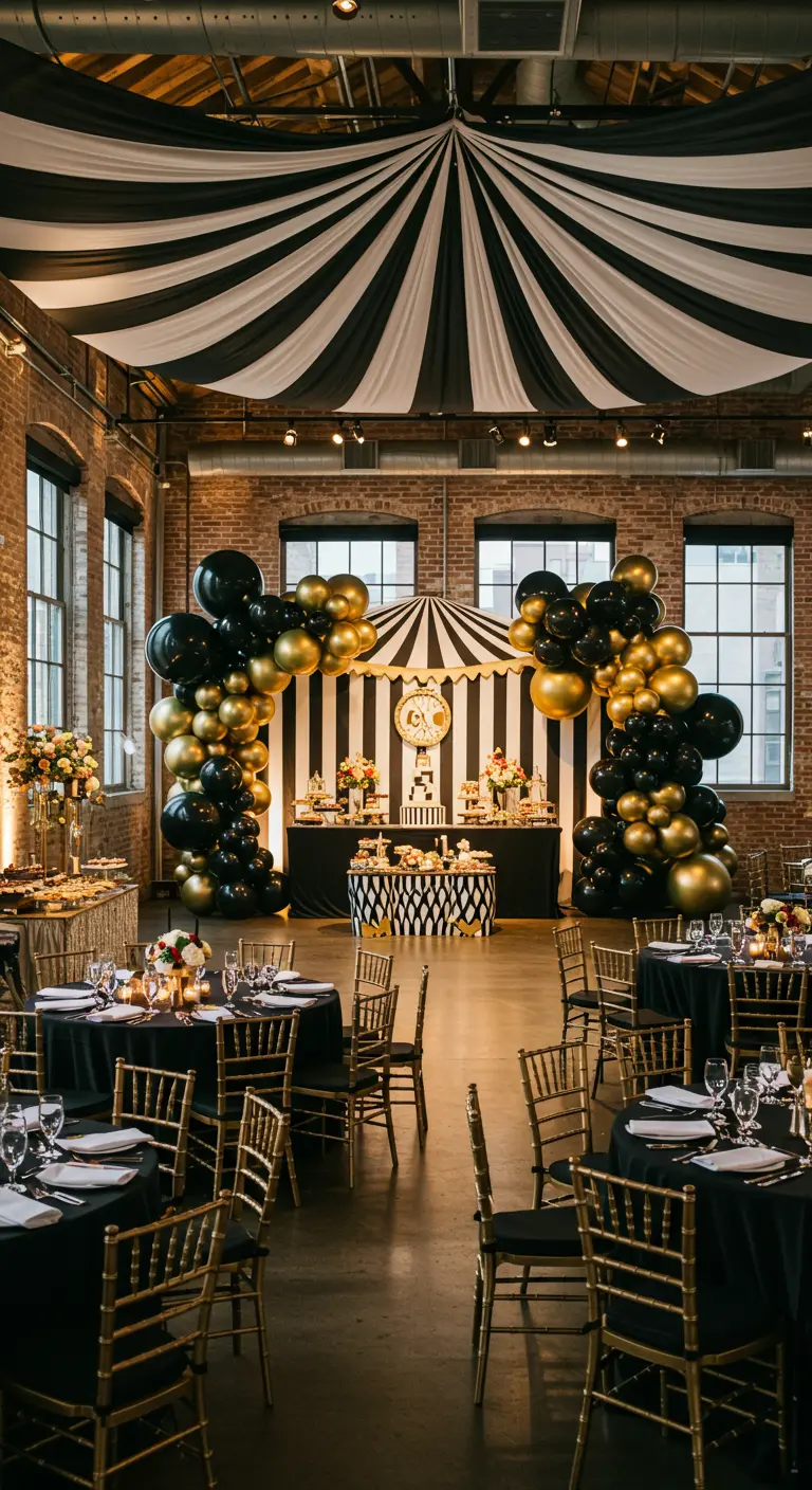 A sophisticated carnival-themed event with black and white ceiling draping and gold accents.