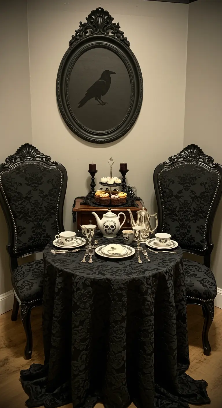 A gothic tea-for-two setup with black ornate chairs and a raven silhouette in a black frame.
