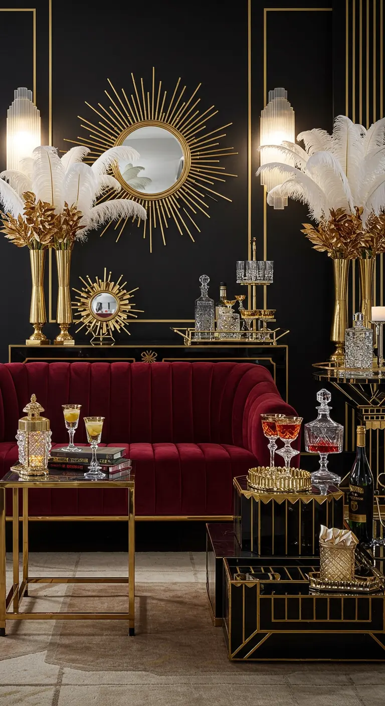 An Art Deco-style room with a red velvet sofa, gold accents, and white feathers.