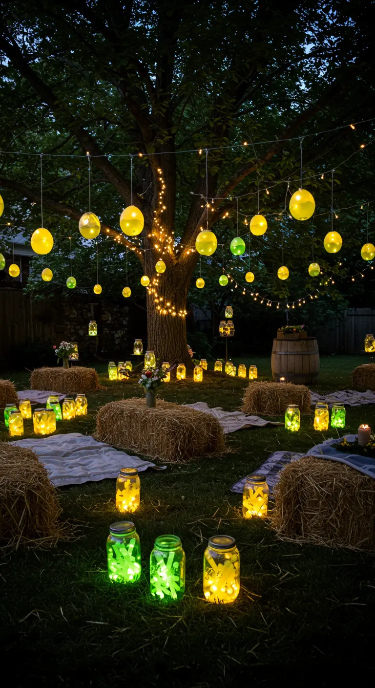 An outdoor party with hay bale seats, glowing mason jars, and string lights in a tree.