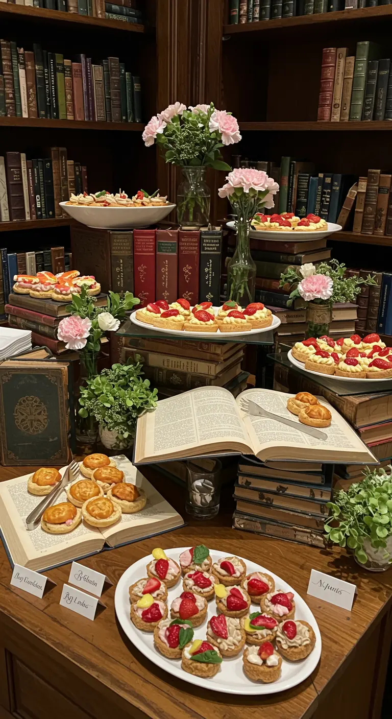 A buffet of tarts and appetizers displayed on and around stacks and open books.