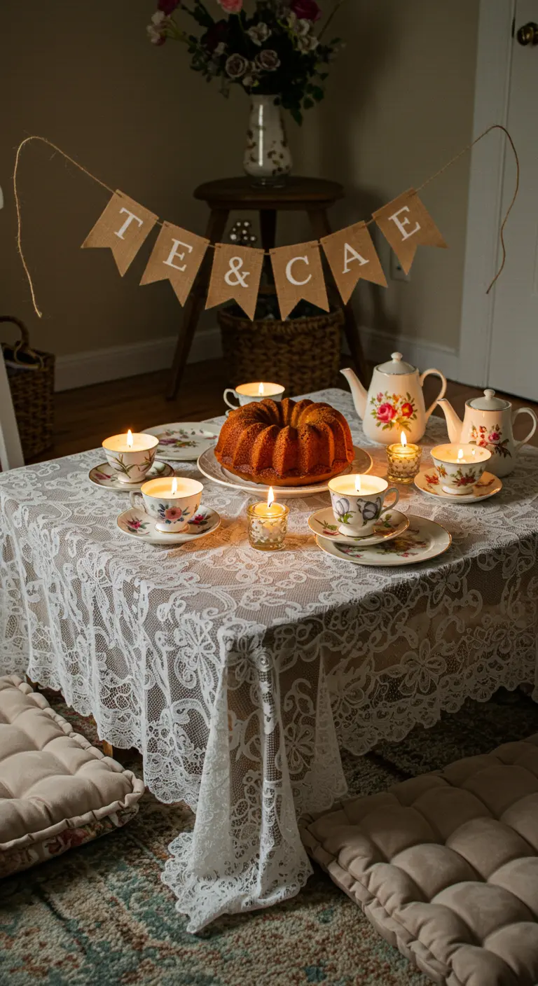 A low table set for 'TEA & CAKE' with a lace tablecloth, teacups, and floor cushions.