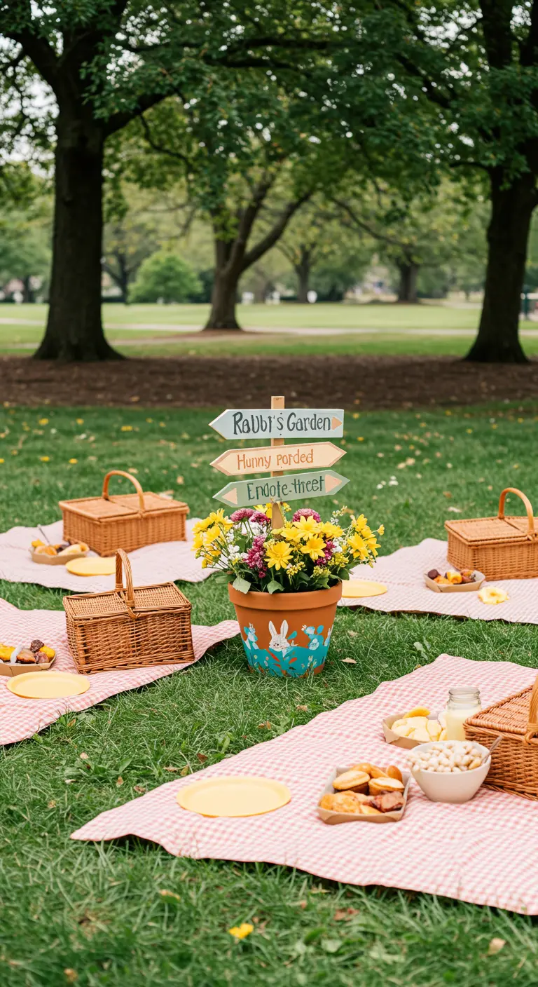 Peter Rabbit-themed picnic with hand-painted signs and checkered blankets.