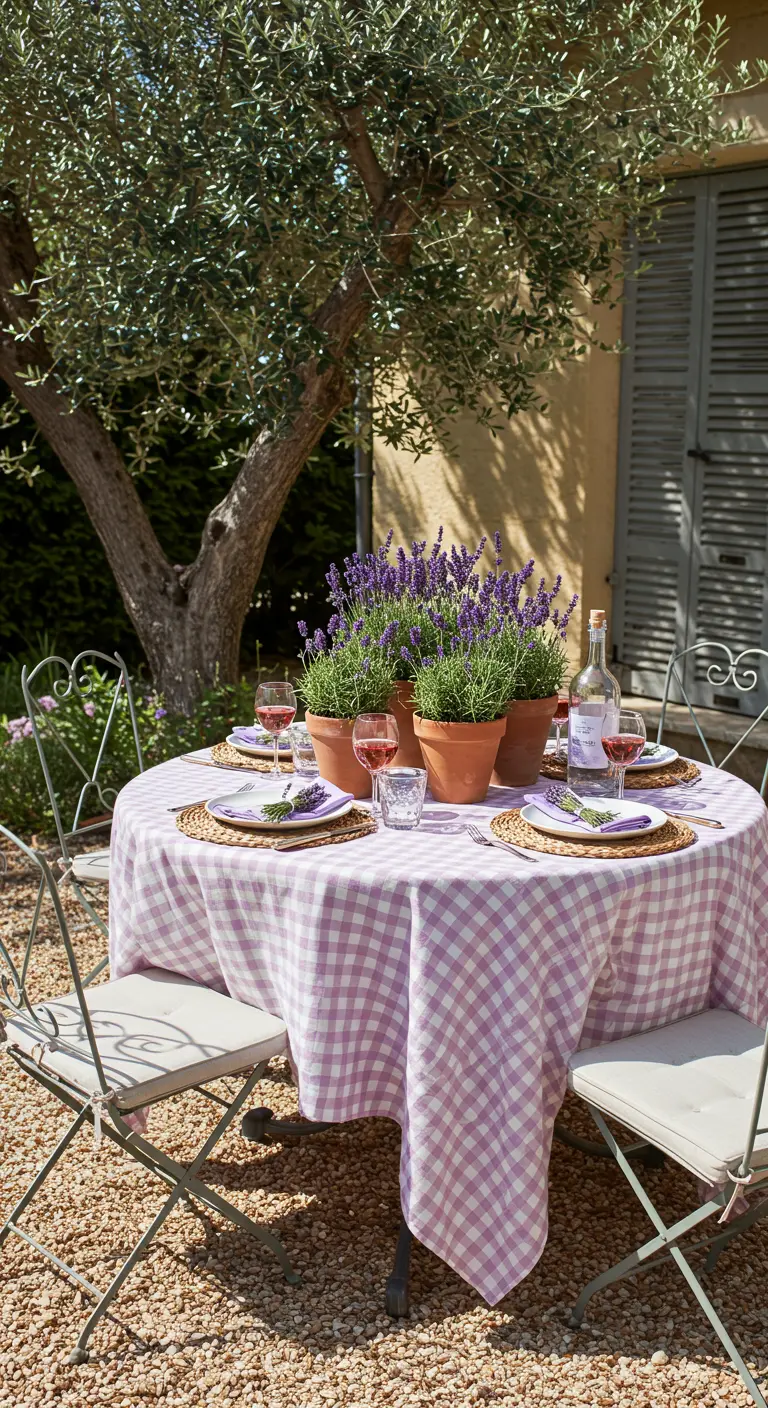 Outdoor table with lavender gingham cloth and potted lavender centerpiece under an olive tree.
