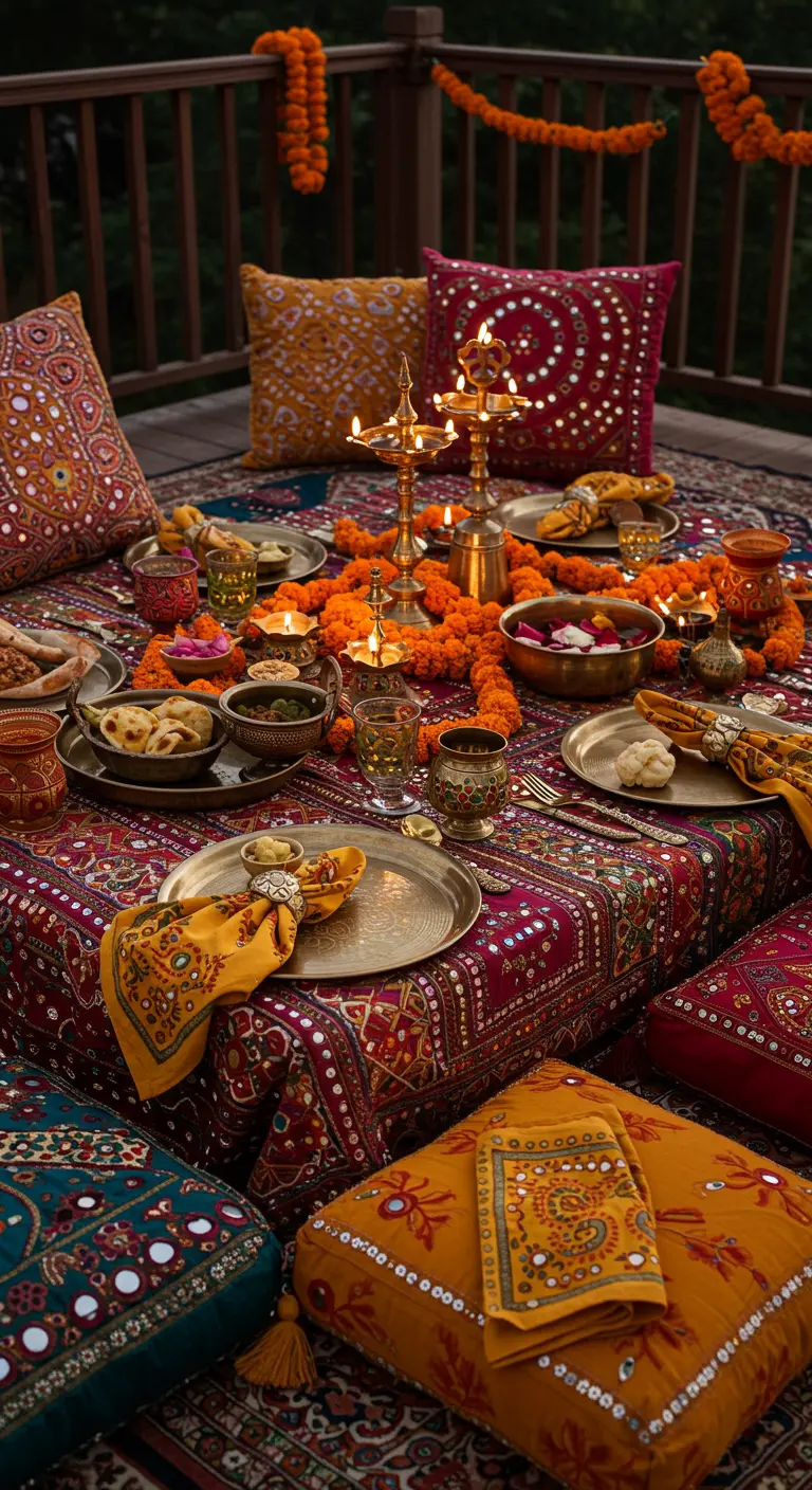 A vibrant Indian-inspired floor party with marigold garlands, embroidered cushions, and brass tableware.