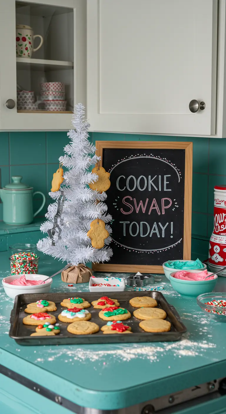 A cookie decorating station with a small white tree, chalkboard sign, and colorful frosting.