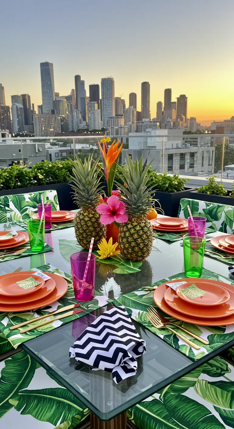 A rooftop tropical party tablescape with pineapple centerpieces, leaf placemats, and a city skyline view.