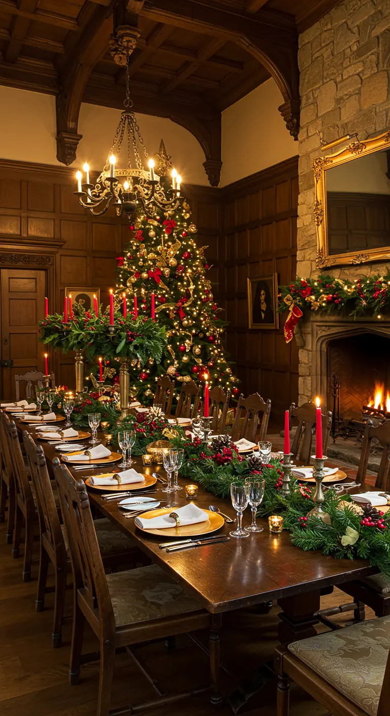 A grand dining hall with a long wood table decorated with a garland and red candles.