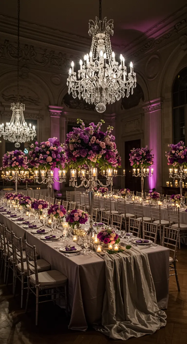 Long tables with extravagant purple floral arrangements, silver candelabras, and purple uplighting.