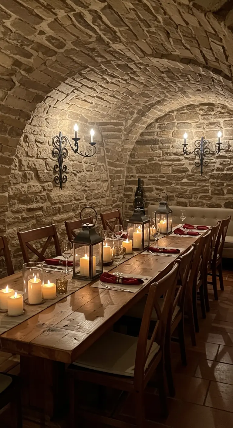 A long wooden dining table in a stone wine cellar lit by candles in lanterns.