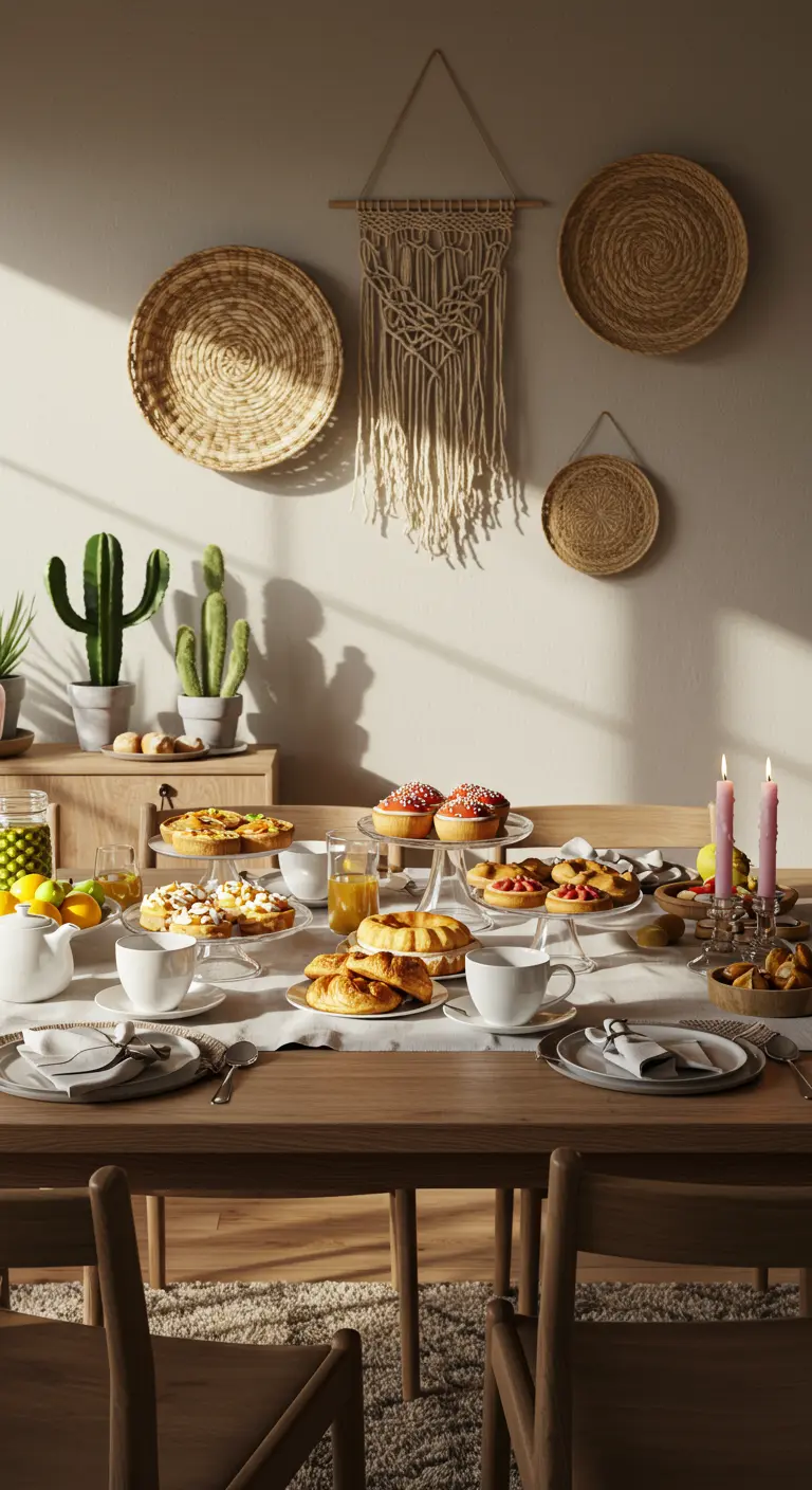 A simple, sun-drenched brunch table with pastries, woven wall baskets, and a small macrame hanging.