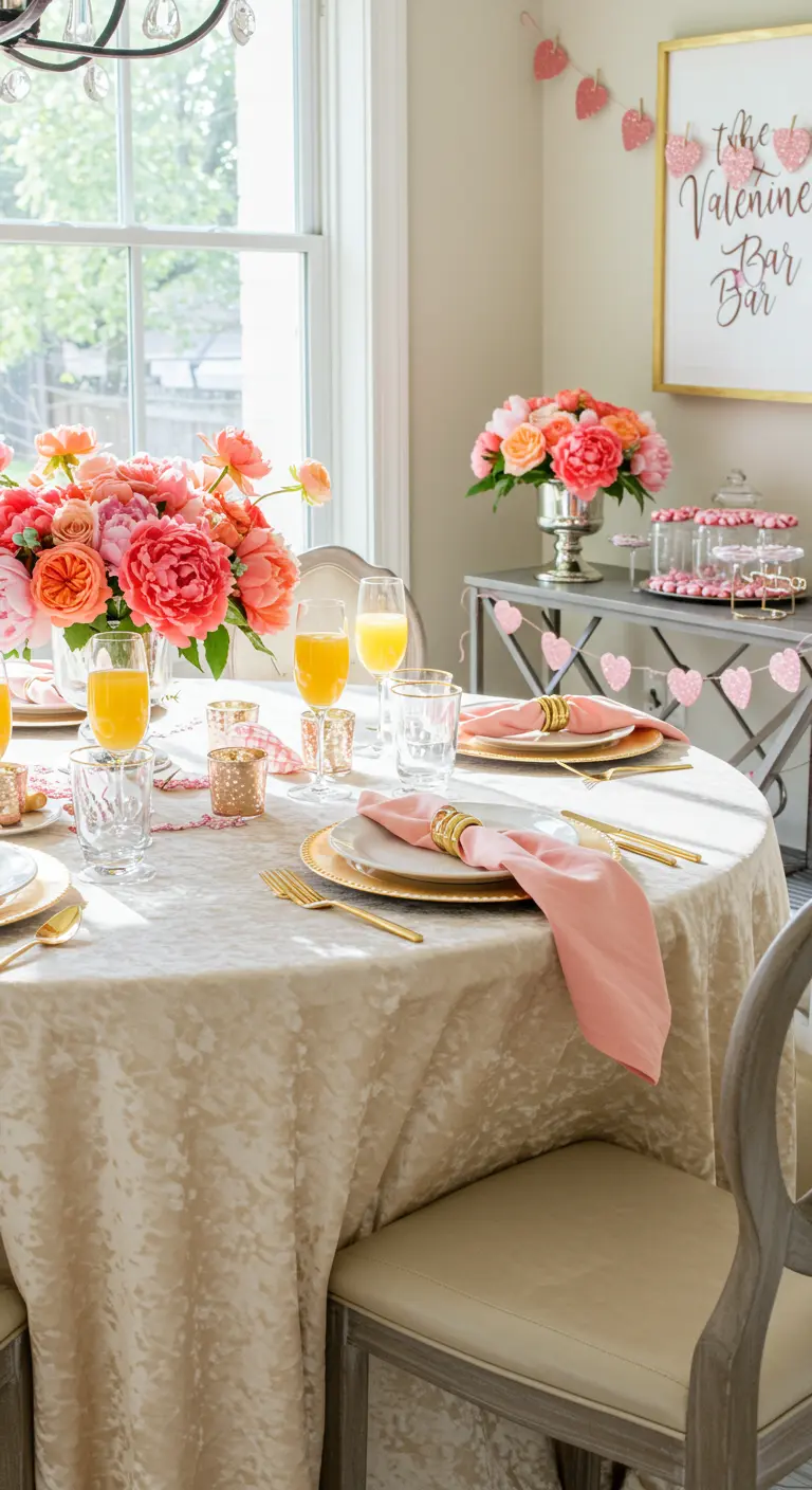 A bright brunch table with a cream velvet tablecloth, gold flatware, and bouquets of coral peonies.