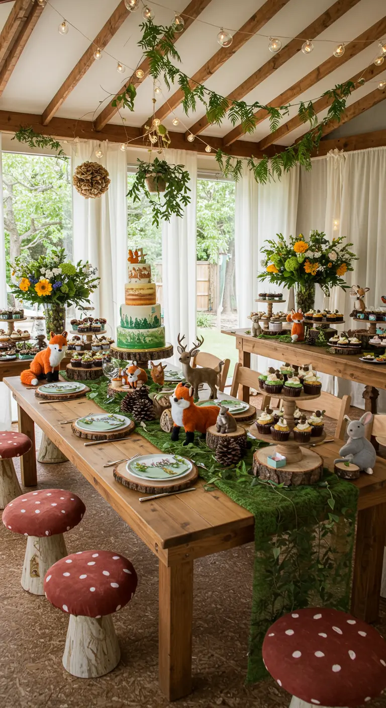 Woodland animal party table with toadstool seats and fern garlands.