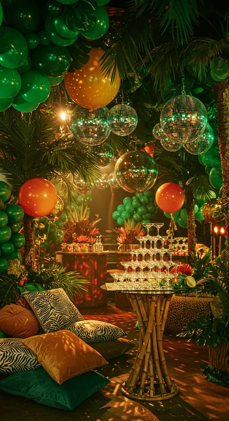 A tropical-themed party with green balloons, palm fronds, disco balls, and animal-print pillows.