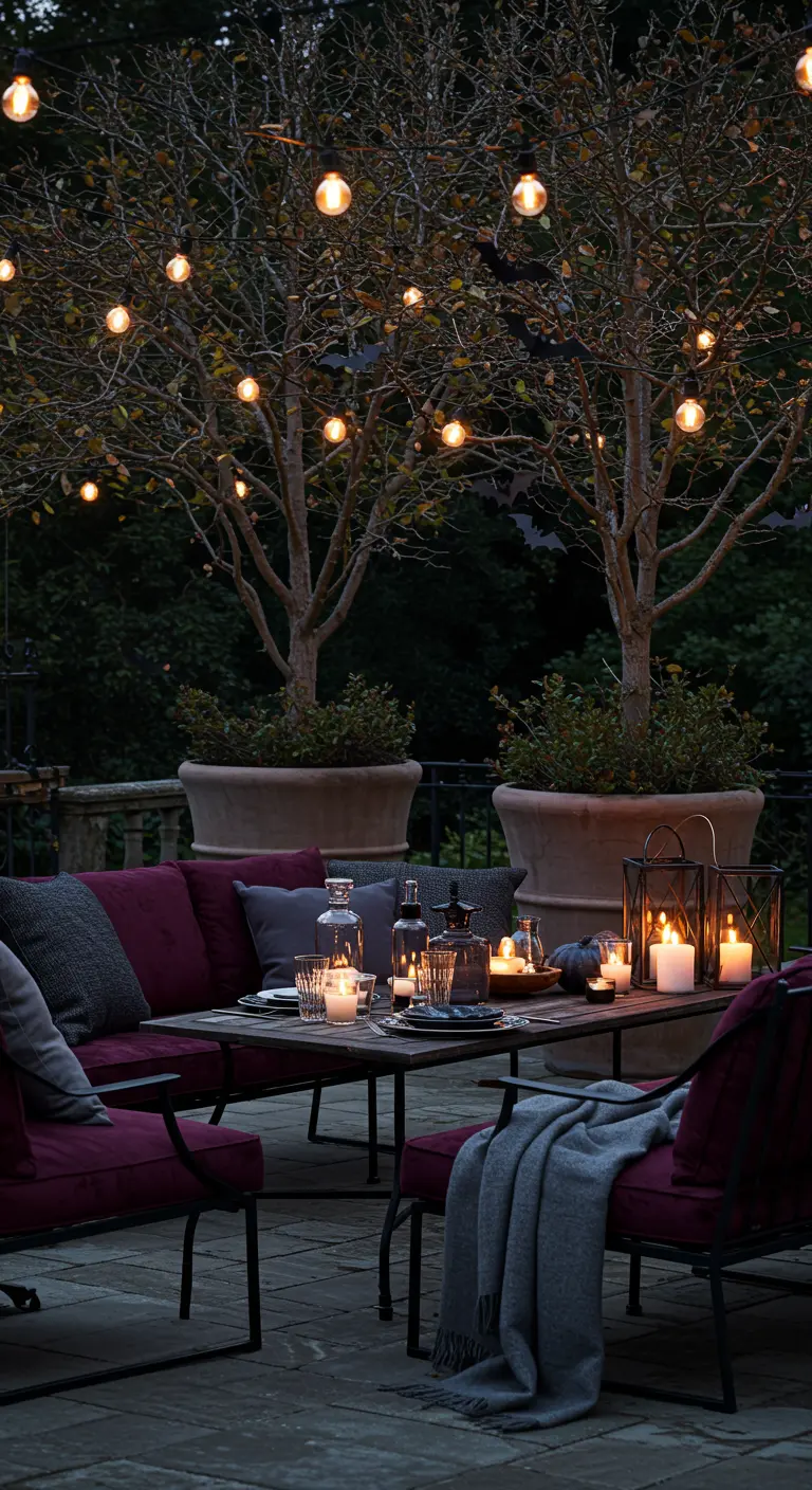 A chic outdoor patio with globe lights, candles, and cozy burgundy seating for a Halloween party.