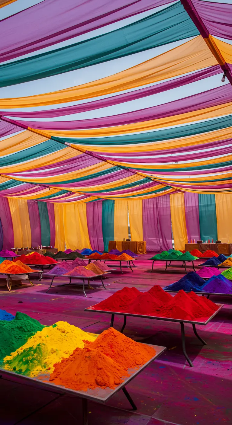 A party space inspired by the Holi festival, with colorful draped fabrics and piles of colored powder.