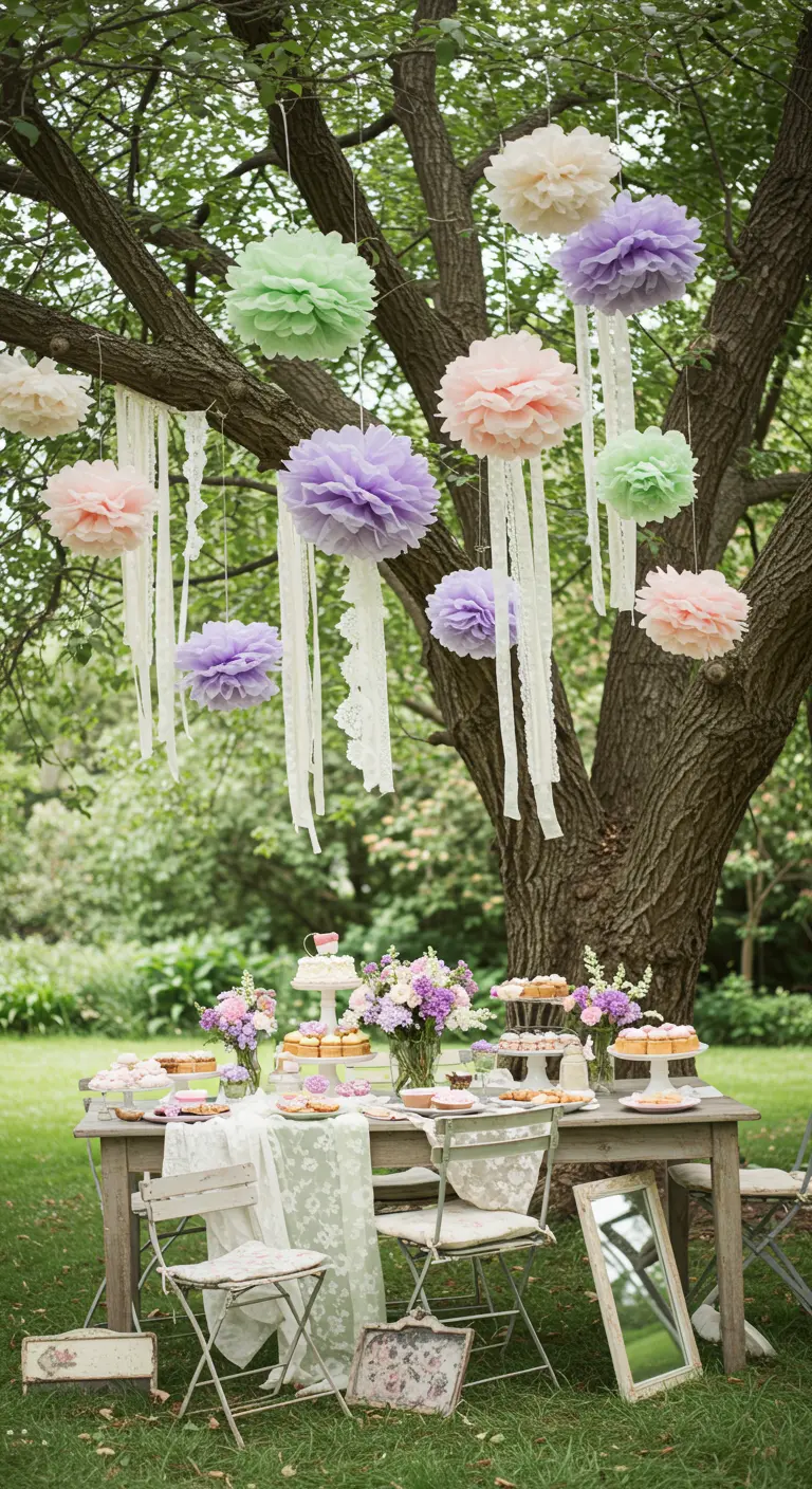 Pastel pom-poms with lace ribbons hanging from a tree over a garden tea party table.