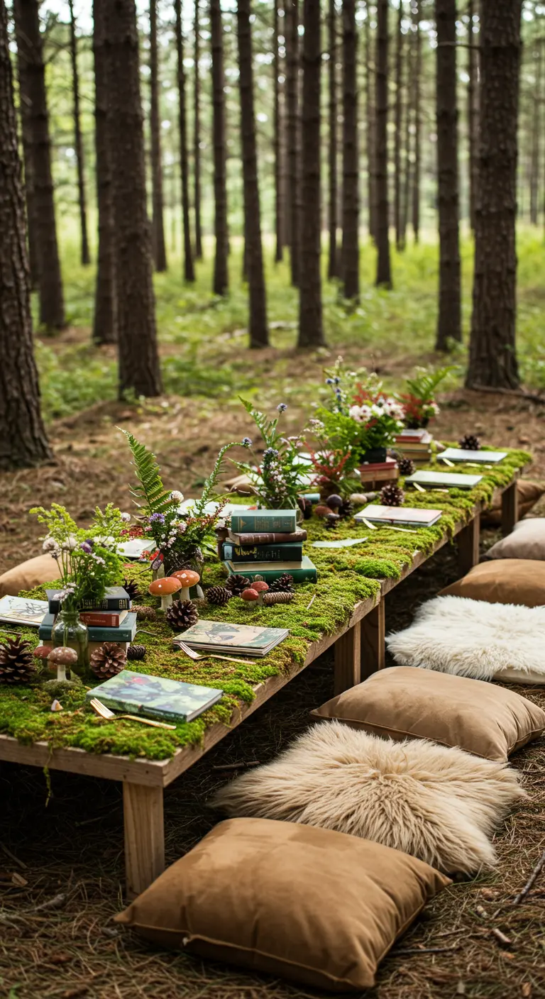 A low picnic table in a forest, decorated with a moss runner, books, and cushions for seating.
