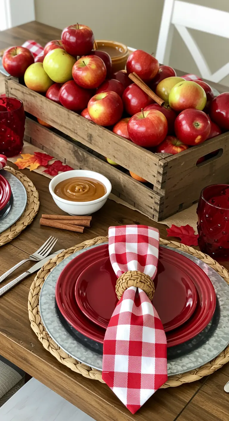 Fall table setting with a wooden crate full of apples and red check napkins.