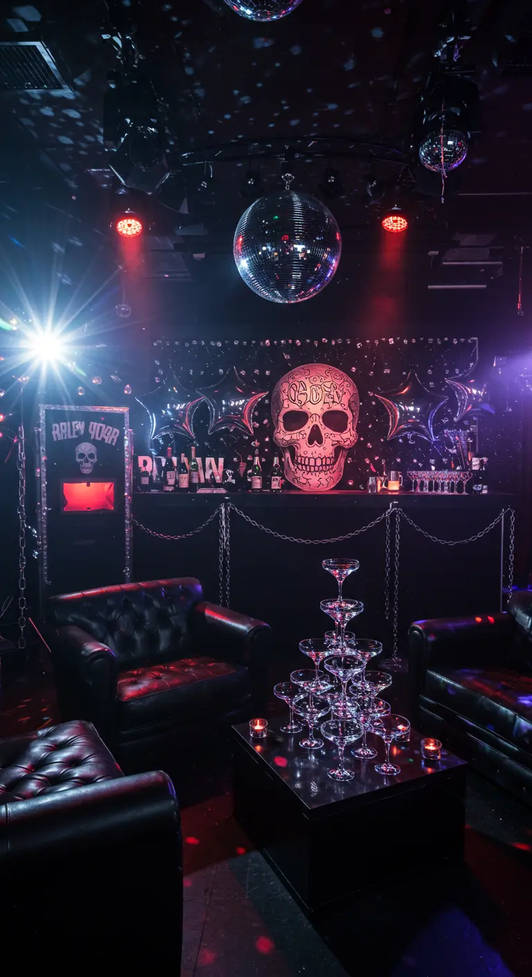 A rock-and-roll themed party with a neon skull sign, leather chairs, and chain decorations.