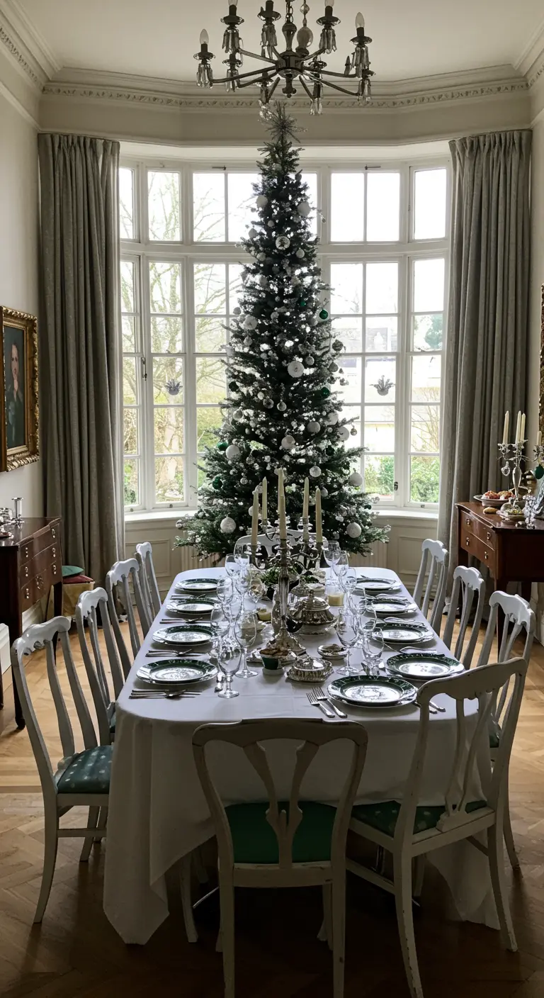 An elegant dining room with a long table set for a party in front of a tall Christmas tree.