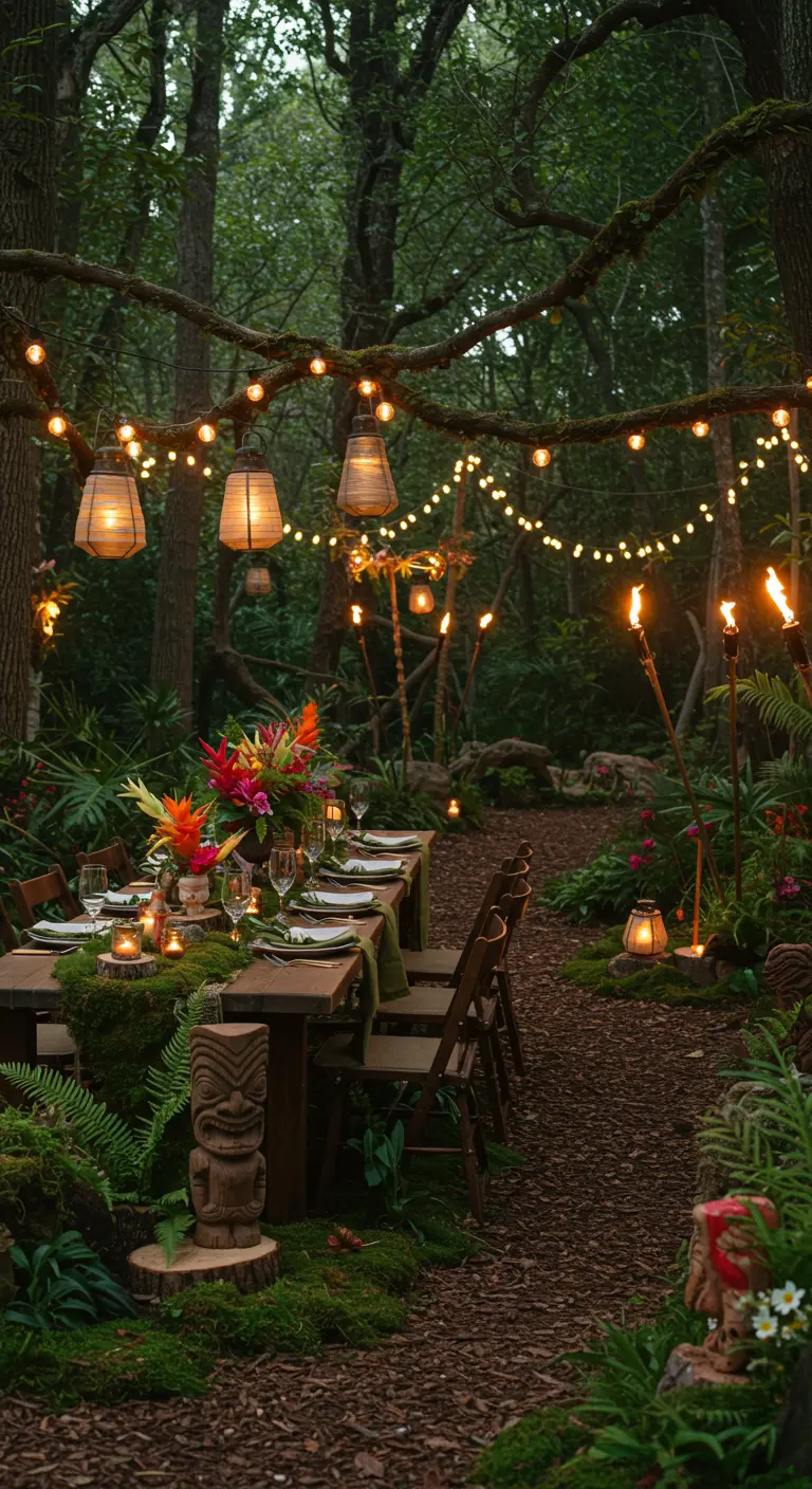 A luau dinner table set in a forest with string lights and tiki decor.