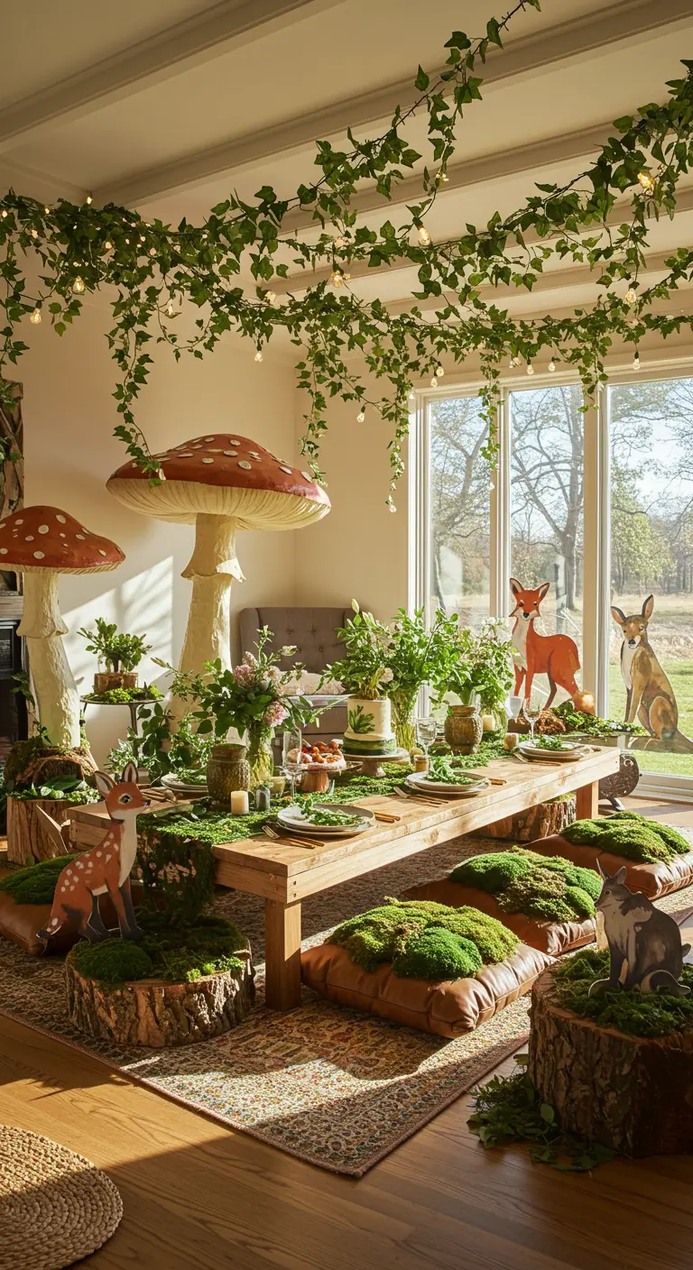 Enchanted woodland party table with giant toadstools and mossy decor.