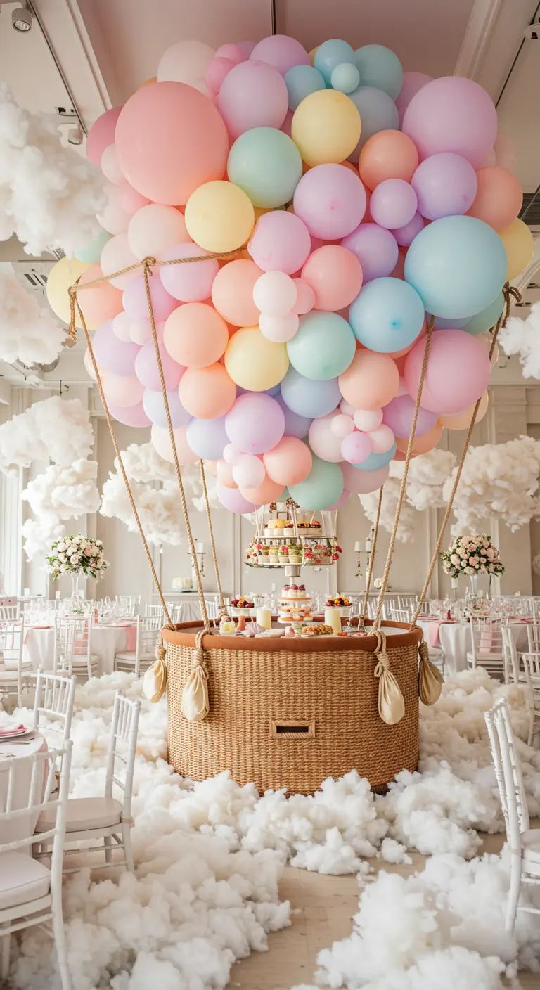 A giant hot air balloon made of pastel balloons over a wicker basket filled with desserts.