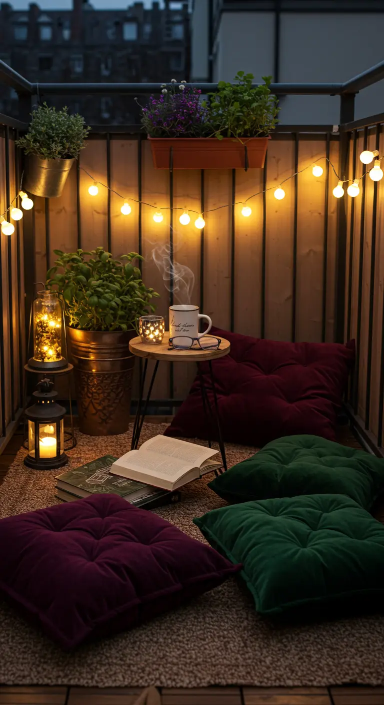 Balcony with lanterns, string lights, hot mug, book, and velvet floor cushions.