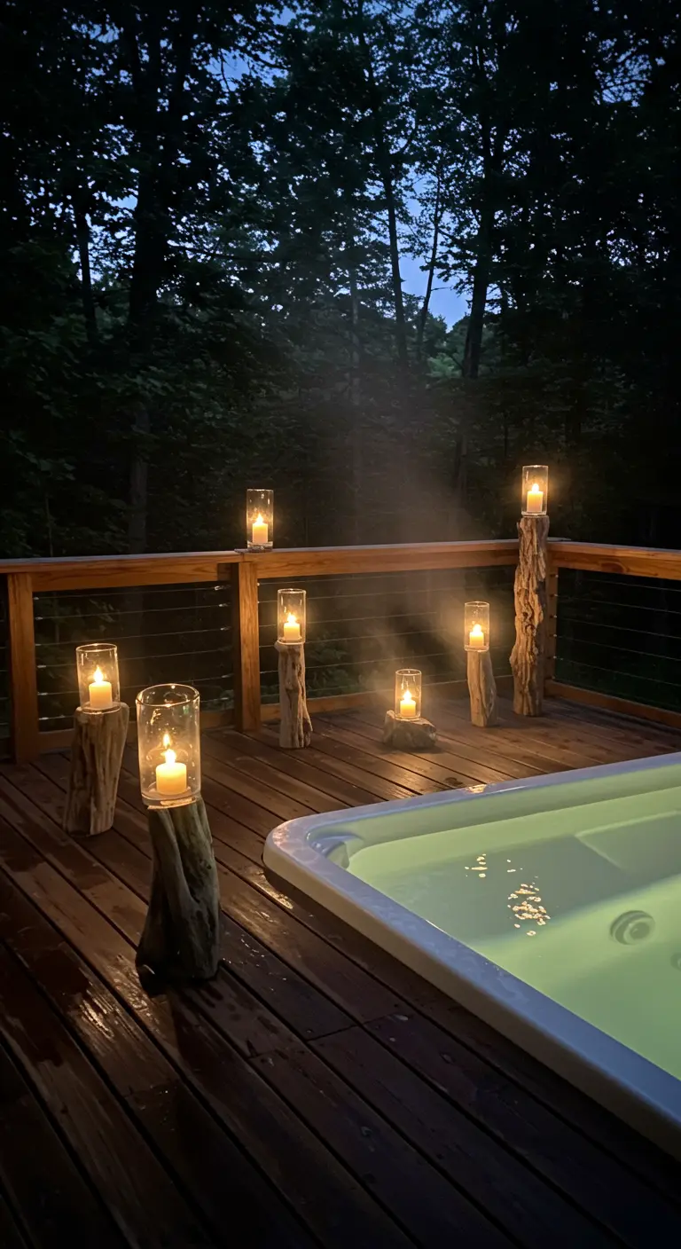 Driftwood posts with candle lanterns creating a serene ambiance around a hot tub at night.