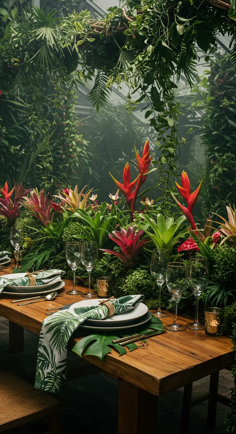 A wooden table in a greenhouse with a living centerpiece of potted bromeliads and tropical plants.