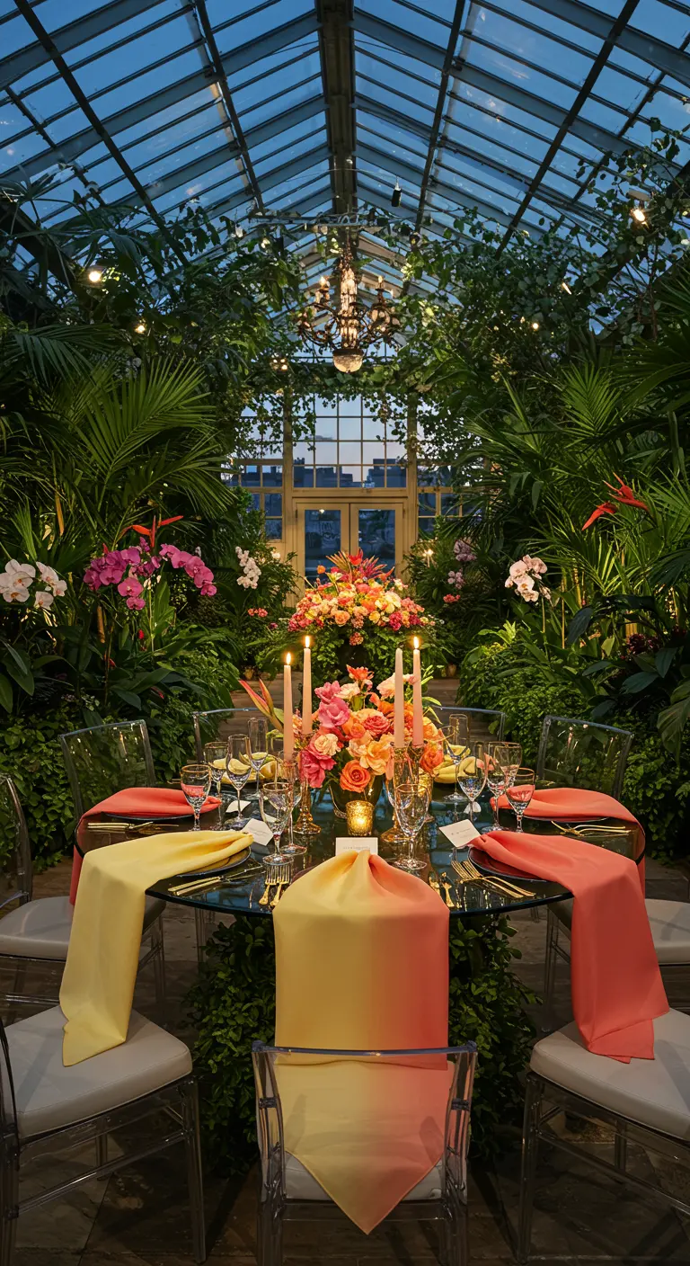 Elegant dining table inside a lush greenhouse with gradient napkins.