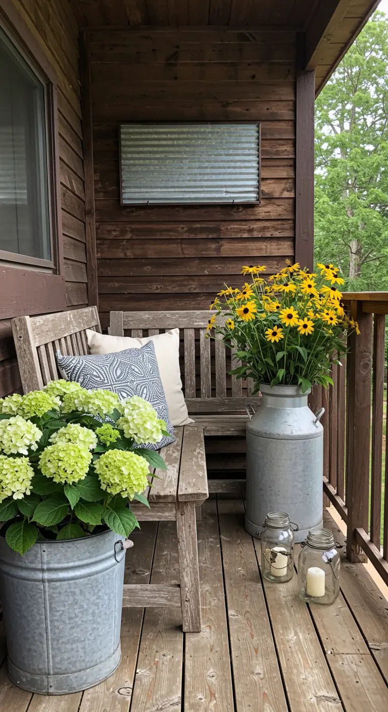 A rustic porch with hydrangeas and black-eyed susans in large metal containers next to a wooden bench.