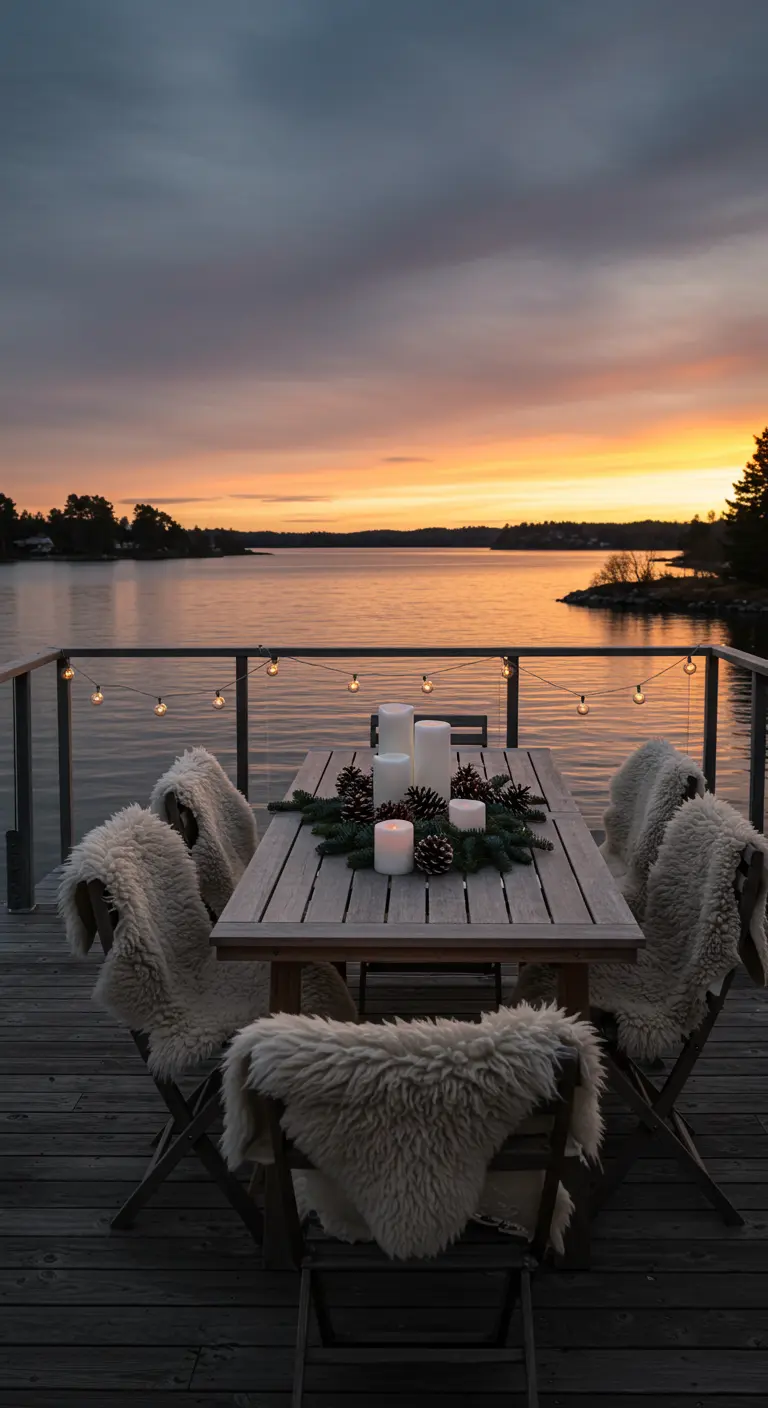 A wooden dockside table with sheepskin throws on chairs, decorated with pinecones and candles.