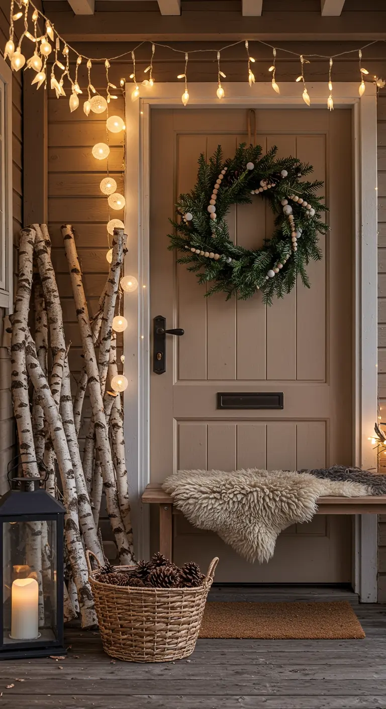 Scandinavian-style porch with birch logs, a sheepskin throw on a bench, and a simple wreath.