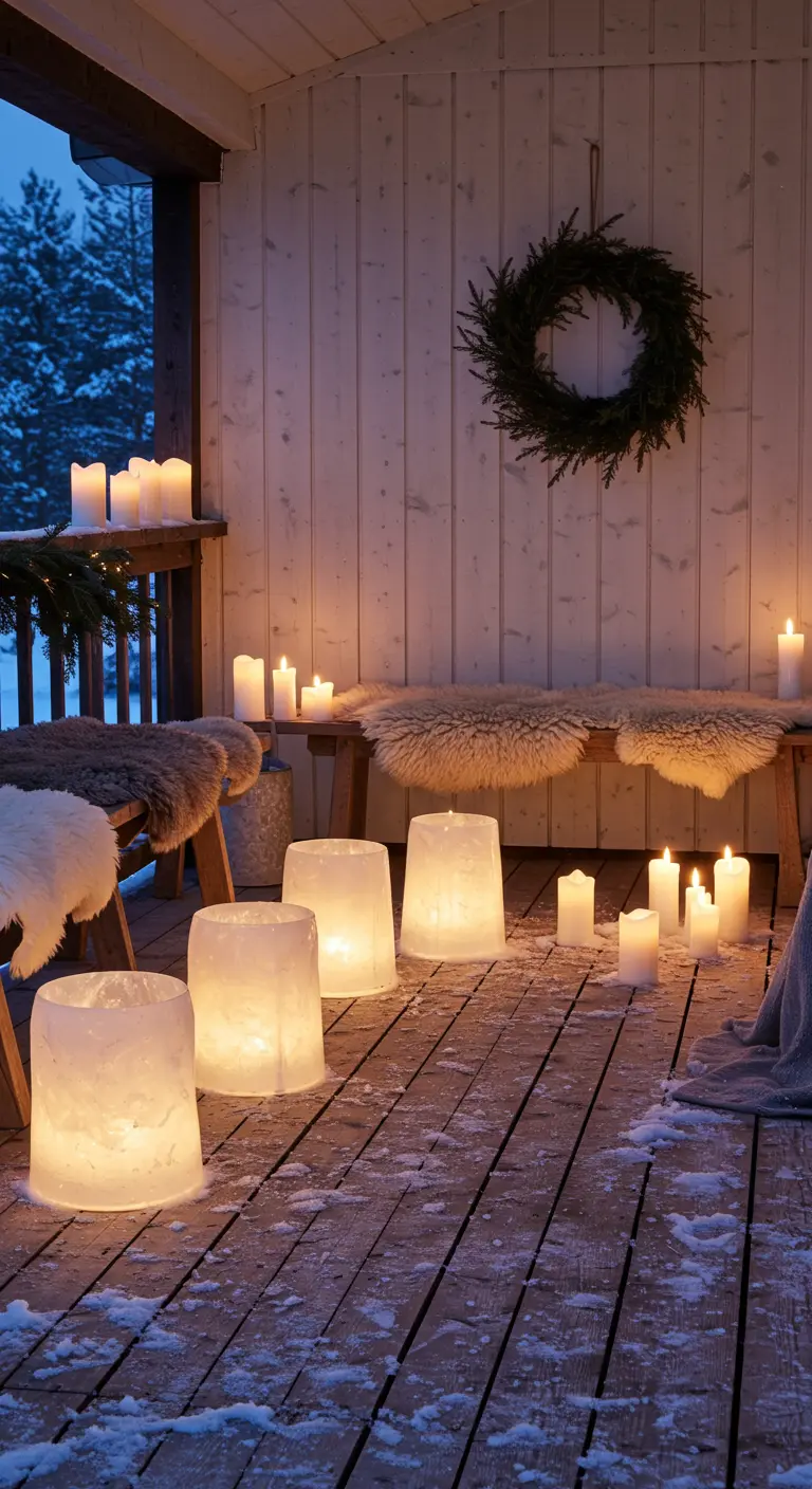 Cozy wooden porch with large ice lanterns, many candles, and sheepskin throws on benches.