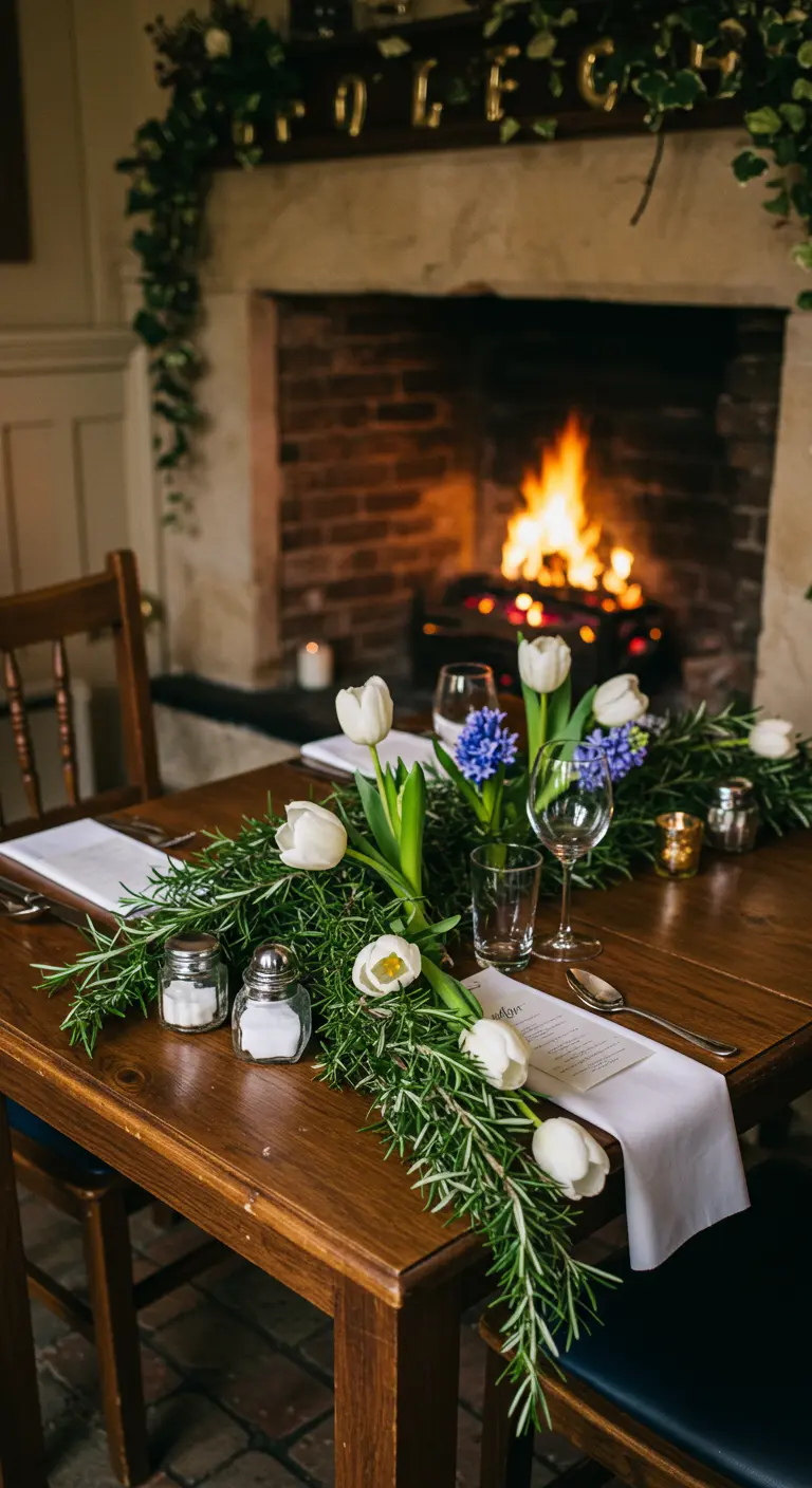 A cozy table by a fireplace with a fresh rosemary garland and white tulips.