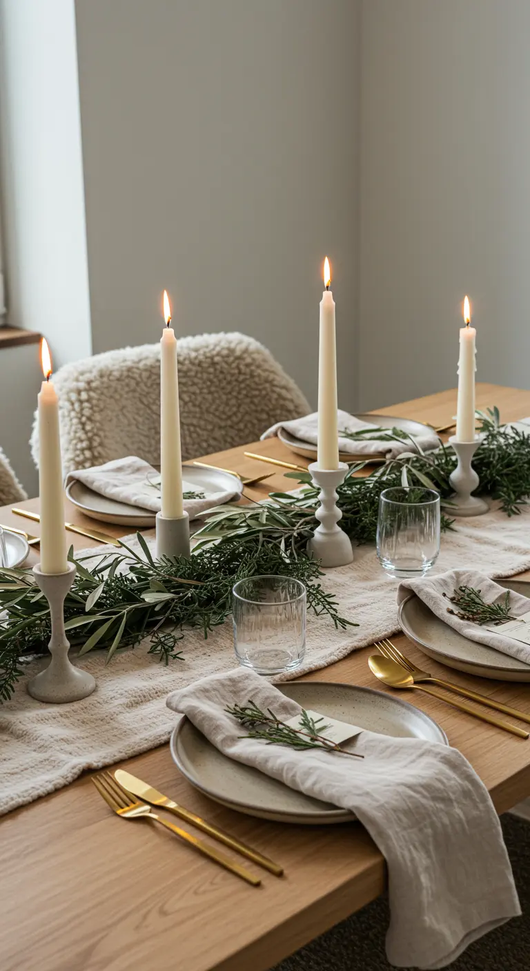 Neutral Scandinavian-style table with linen napkins, ceramic candle holders, and a rosemary garland.