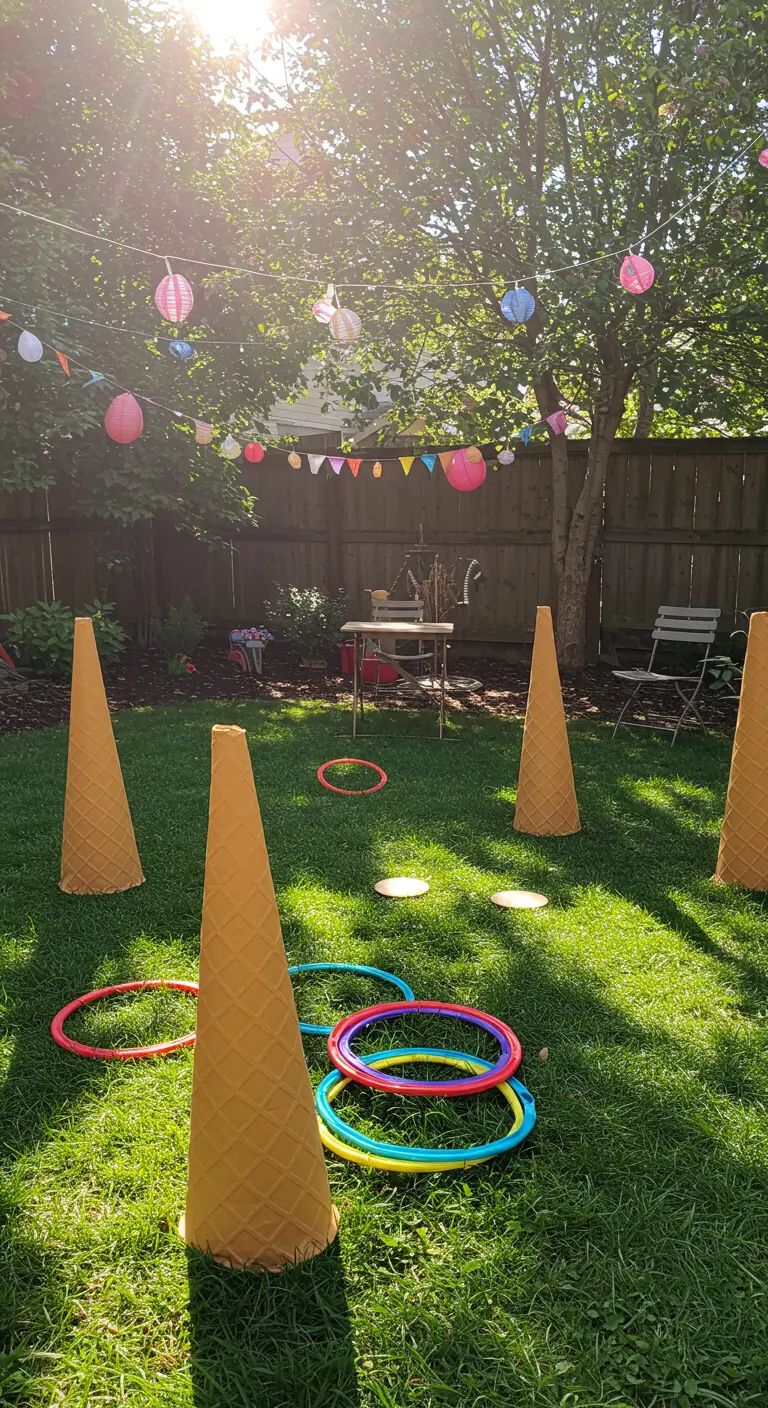 A backyard ring toss game using giant paper ice cream cones.