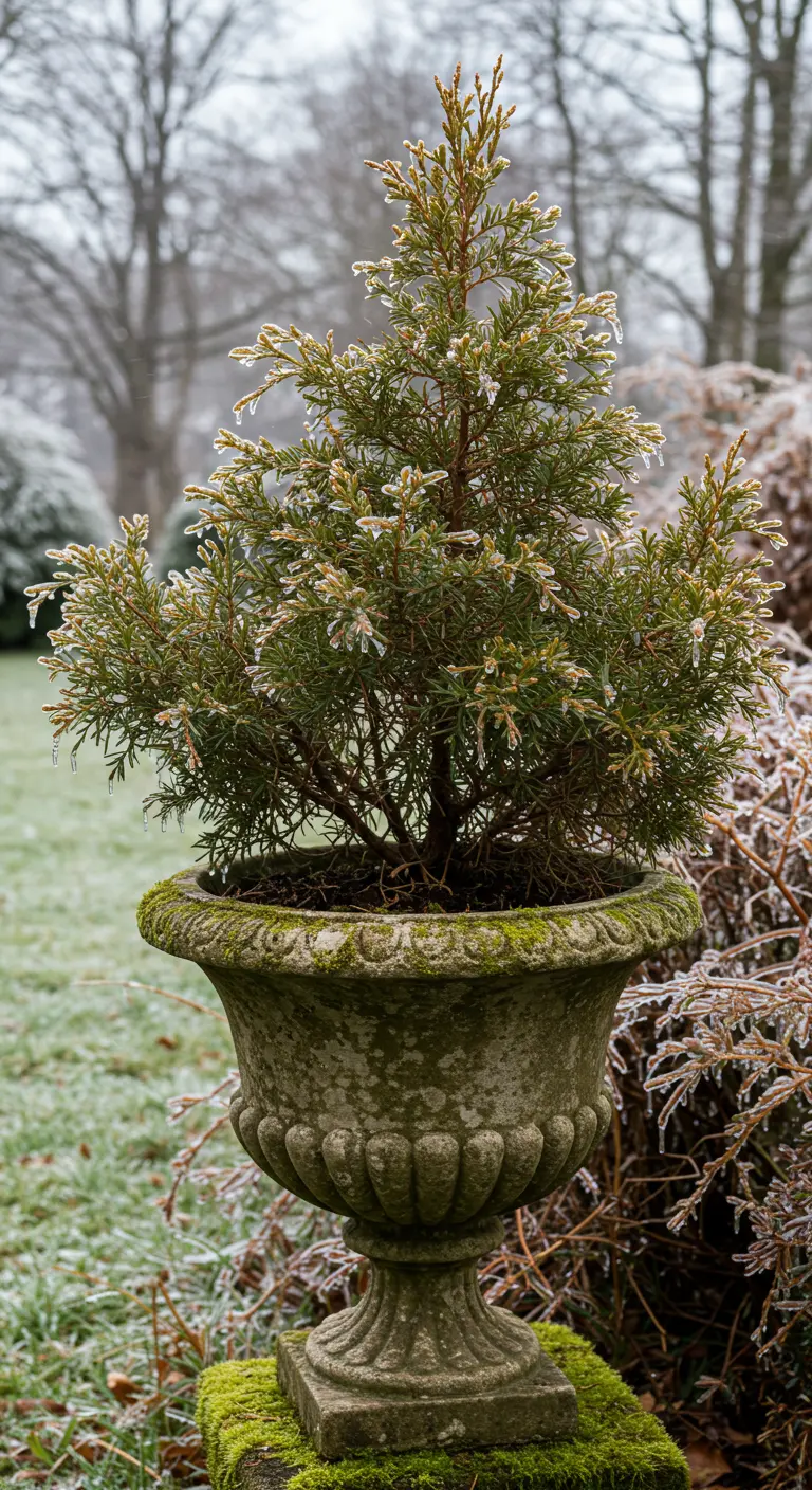 A small evergreen tree in a mossy stone urn, completely covered in glistening ice.
