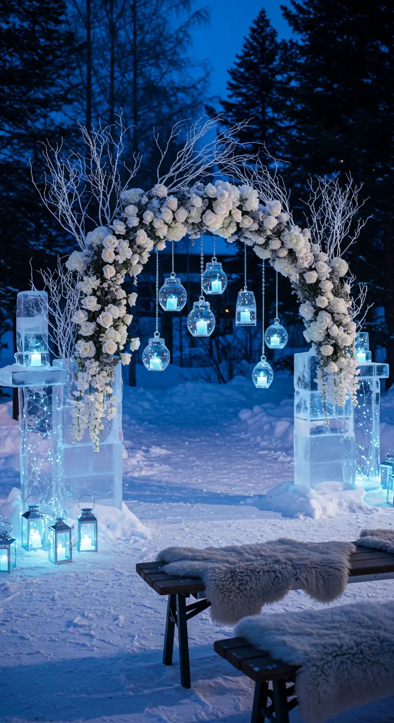 An arch of white flowers and ice blocks in a snowy landscape with hanging blue-lit orbs.